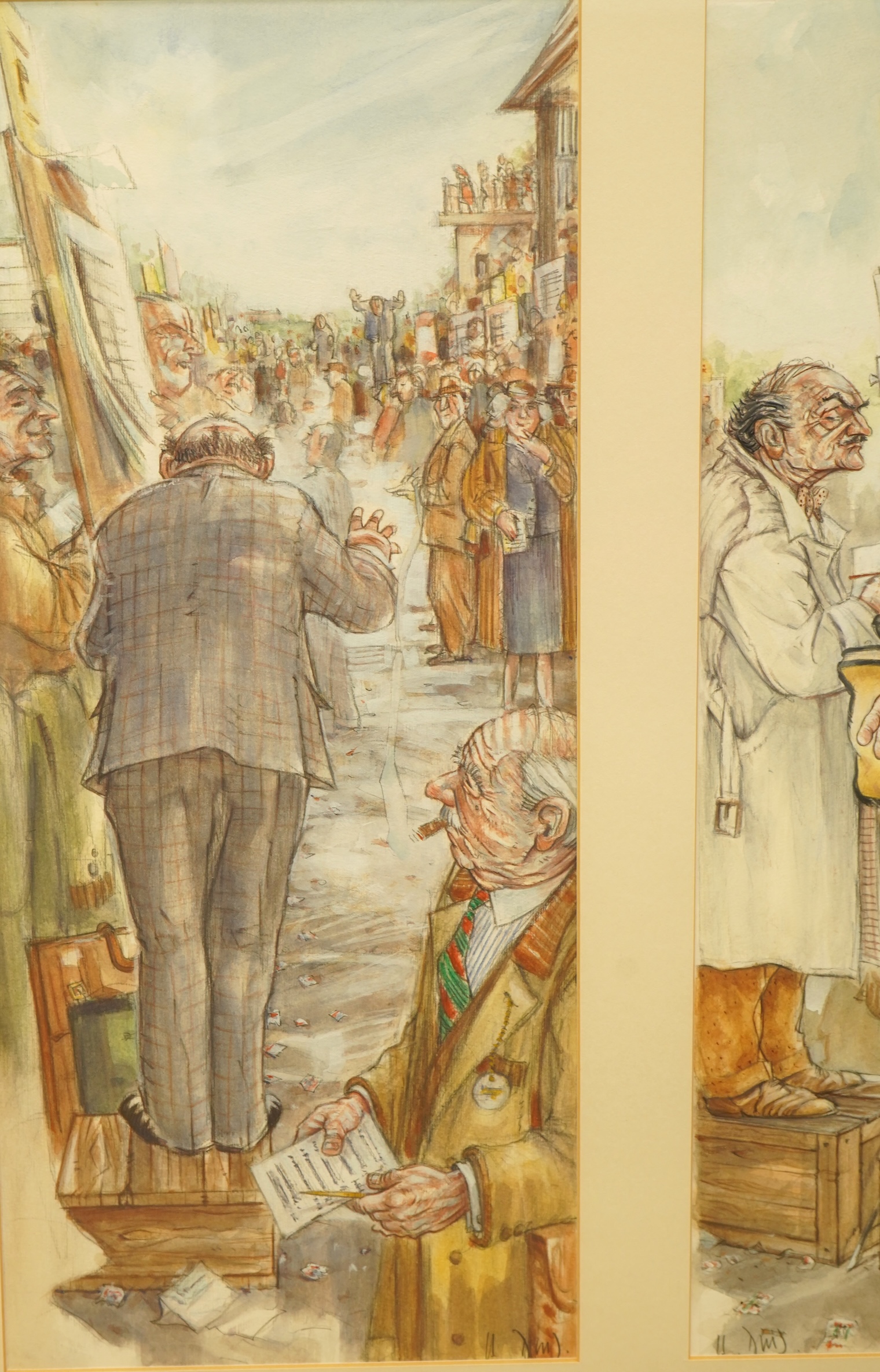 Hugh Dodd (Scottish, 1948-2014), ‘The Sporting Life’, each signed, set of three gouaches, mounted and framed as one, each 43 x 19cm